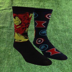 Marvel Set of 2 Ironman plus Avengers Hero Logo Casual Crew Socks Size 6-12 NEW